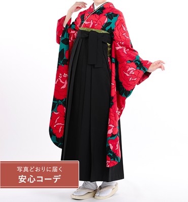 卒業式レンタル　振袖Mサイズ＋袴セット　ブランド：和風館　大薔薇　緑/赤