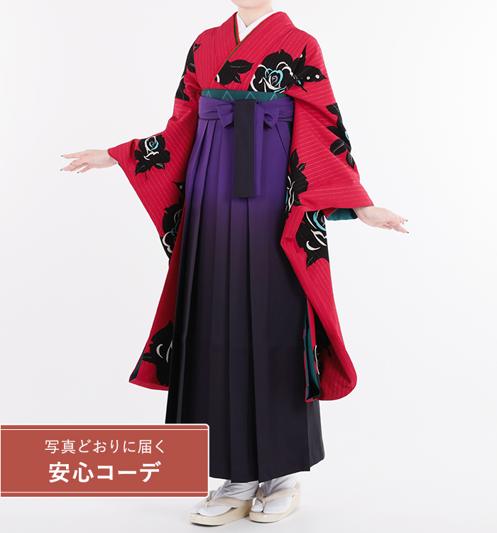卒業式レンタル　振袖Mサイズ＋袴セット　ブランド：和風館　薔薇と蝶　赤紫/黒