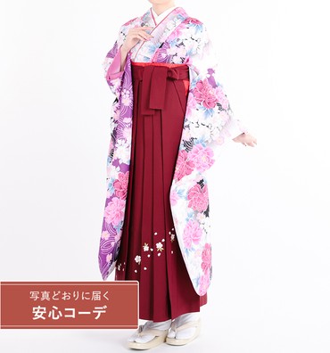 卒業式レンタル　振袖Mサイズ＋袴セット　花小紋　白/紫/ピンク