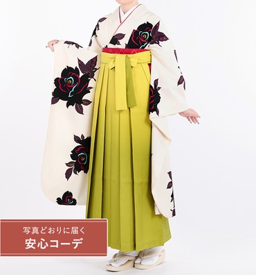 卒業式レンタル　振袖Mサイズ＋袴セット　ブランド：和風館　薔薇と蝶　クリーム/黒