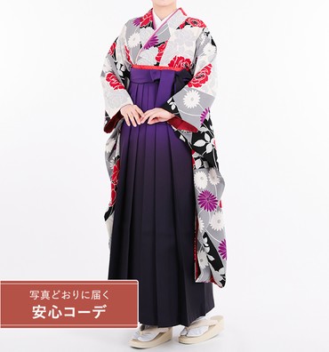 卒業式レンタル　振袖Mサイズ＋袴セット　ブランド：和風館　変わり市松に薔薇　白/朱赤