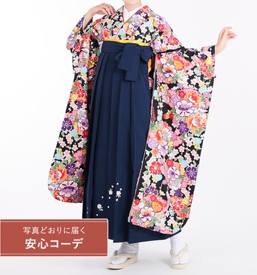 卒業式レンタル　振袖Mサイズ＋袴セット　花小紋　黒