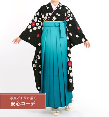 卒業式レンタル　振袖Mサイズ＋袴セット　ブランド：和風館　初恋　黒/白