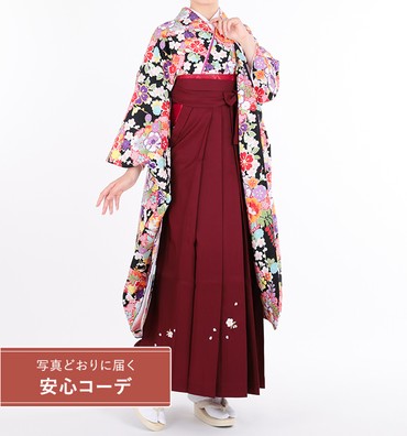 卒業式レンタル　振袖Mサイズ＋袴セット　花小紋　黒