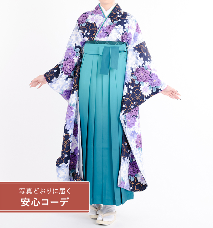 卒業式レンタル　振袖Mサイズ＋袴セット　ブランド：H・L（アッシュエル）桜リングに花　濃紺/紫