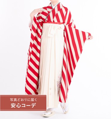 卒業式レンタル　振袖Mサイズ＋袴セット　ブランド：きもの道楽　斜め縞模様　クリーム/赤