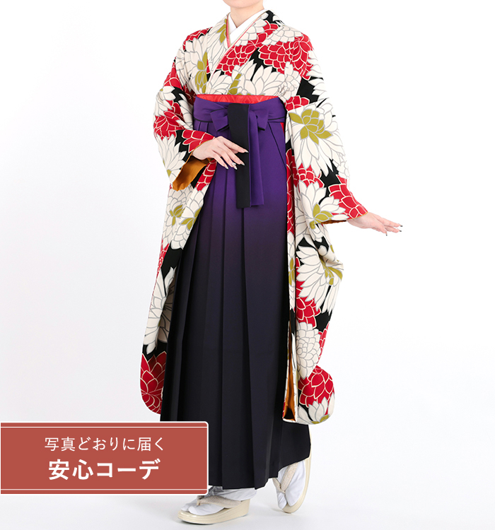 卒業式レンタル　振袖Mサイズ＋袴セット　ブランド：和風館　菊合せ　黒/赤/白
