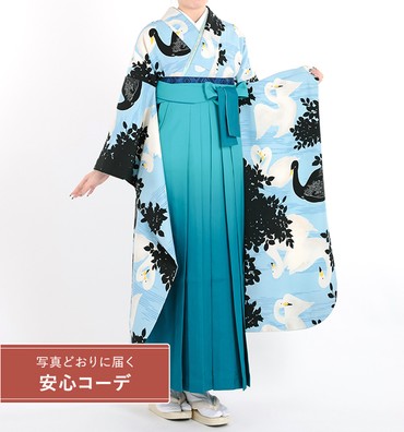 卒業式レンタル　振袖Mサイズ＋袴セット　ブランド：和風館　白鳥の湖　水色/白/黒