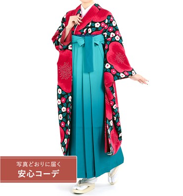 卒業式レンタル　振袖Mサイズ＋袴セット　ブランド：和風館　大小赤紫椿　黒/赤紫