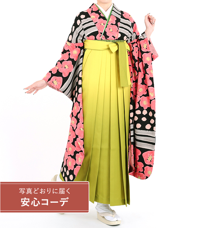 卒業式レンタル　振袖Mサイズ＋袴セット　ブランド：tsumori chisato　横段椿　黒/ピンク