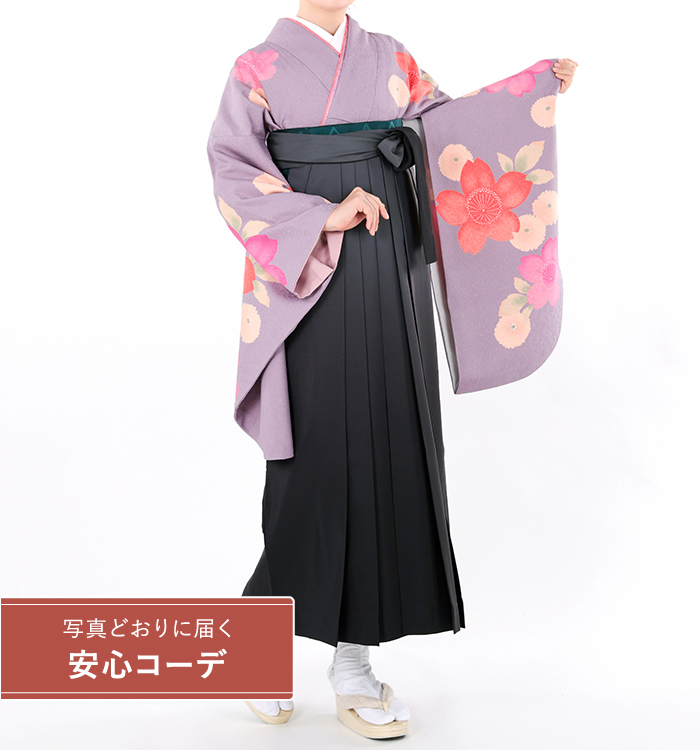 卒業式袴レンタル　小振袖Mサイズ＋袴セット　大桜に菊　藤色