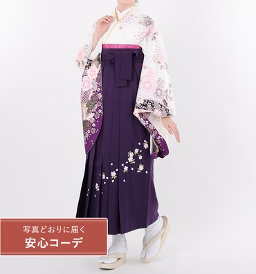 卒業式袴レンタル　小振袖Mサイズ＋袴セット　熨斗に桜　白