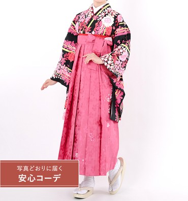 卒業式袴レンタル　小振袖Ｍサイズ＋袴セット　ブランド：Luko Kula　縞に藤桜　黒