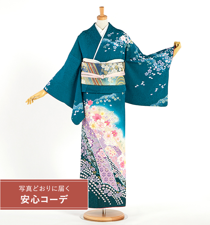 【写真どおりに届く安心コーデ】訪問着レンタル　訪問着Lサイズ　桜、雪輪、七宝繋ぎ、花びら