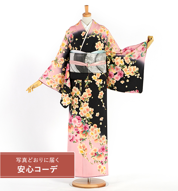 【写真どおりに届く安心コーデ】訪問着レンタル　訪問着LLサイズ　ブランド：kami　shibai　桃の実、花の丸、枝垂桜