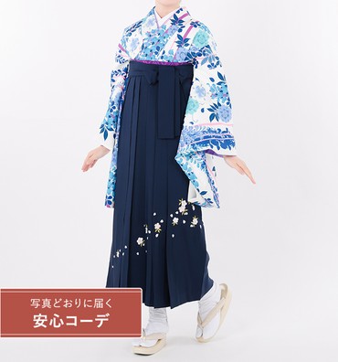 卒業式袴レンタル　小振袖Mサイズ＋袴セット　ブランド：Luko Kula　縞に藤桜　白
