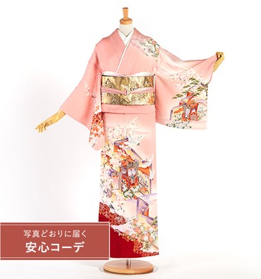 【写真どおりに届く安心コーデ】訪問着レンタル　訪問着Lサイズ　御所車、鶴、菊、桜、屏風