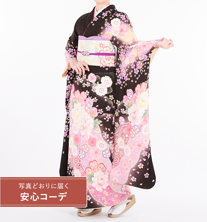 【写真どおりに届く安心コーデ】振袖レンタル　振袖Lサイズ　草花華流水　黒/ピンク