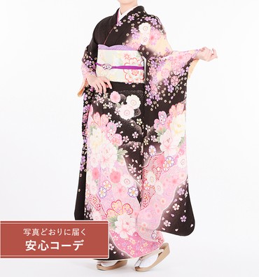 【写真どおりに届く安心コーデ】振袖レンタル　振袖Lサイズ　草花華流水　黒/ピンク