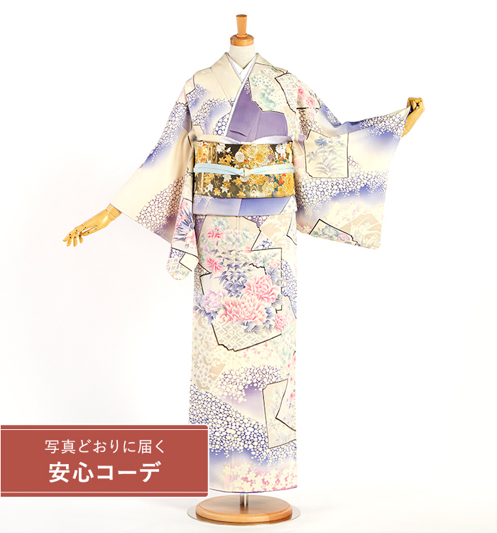 【写真どおりに届く安心コーデ】訪問着レンタル　訪問着Lサイズ　牡丹、ユリ、芙蓉、菊、色紙