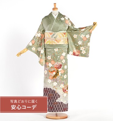 【写真どおりに届く安心コーデ】訪問着レンタル　訪問着Lサイズ　糸巻、枝垂桜、流水文、格子、笹