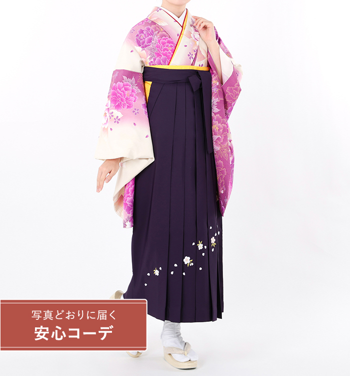 卒業式袴レンタル　小振袖Mサイズ＋袴セット　牡丹に桜　赤紫/クリーム