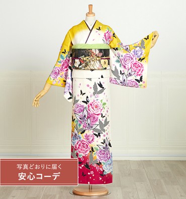 【写真どおりに届く安心コーデ】訪問着レンタル　訪問着Mサイズ　薔薇、市松