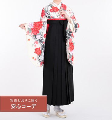 卒業式袴レンタル　小振袖Mサイズ＋袴セット　牡丹に菊桜　白