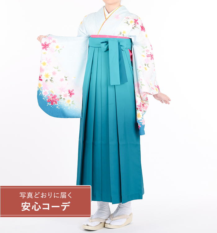 卒業式袴レンタル　小振袖Mサイズ＋袴セット　桜の舞　水色