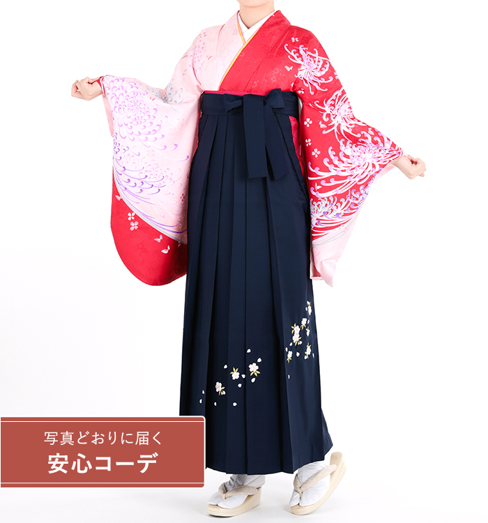 卒業式袴レンタル　小振袖Mサイズ＋袴セット　乱菊の舞　赤/ピンク
