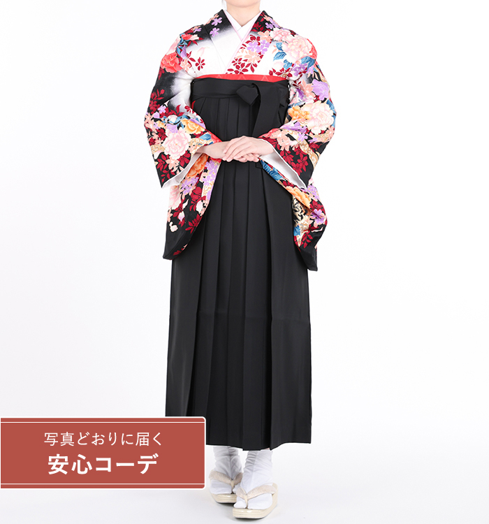 卒業式袴レンタル　小振袖Mサイズ＋袴セット　ブランド：PATTi PATTi　熨斗に牡丹　白