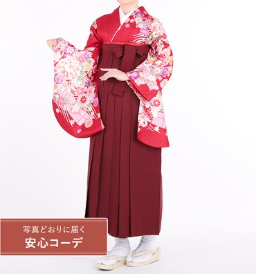 卒業式袴レンタル　小振袖Mサイズ＋袴セット　ブランド：anan　熨斗に四季花　朱赤