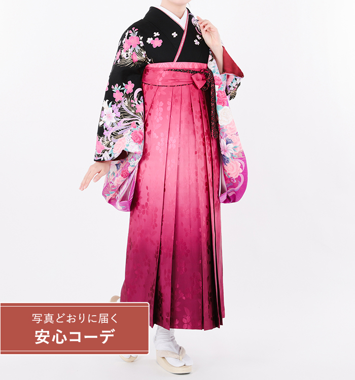 卒業式袴レンタル　小振袖Mサイズ＋袴セット　ブランド：anan　花園　黒