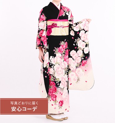 【写真どおりに届く安心コーデ】振袖レンタル　振袖Mサイズ　ブランド：MoeOshikiri　まんまる桜　黒