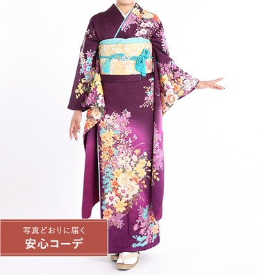 【写真どおりに届く安心コーデ】振袖レンタル　振袖LLサイズ　ブランド：HANAE MORI　お花畑　古代紫