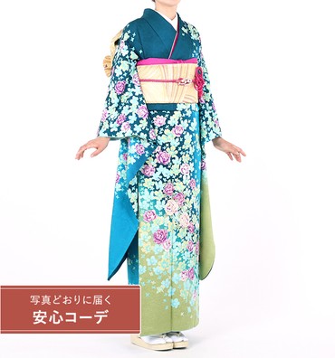 【写真どおりに届く安心コーデ】振袖レンタル　振袖Mサイズ　煌薔薇　深緑