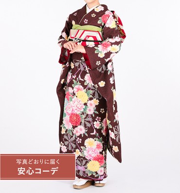 【写真どおりに届く安心コーデ】振袖レンタル　振袖Lサイズ　菊桜結び　茶