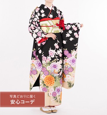【写真どおりに届く安心コーデ】振袖レンタル　振袖Mサイズ　鞠と菊桜　黒