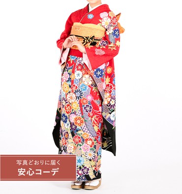【写真どおりに届く安心コーデ】振袖レンタル　振袖Mサイズ　熨斗目模様に桜　朱赤