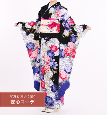 【写真どおりに届く安心コーデ】振袖レンタル　振袖LLサイズ　薔薇の遊舞　黒