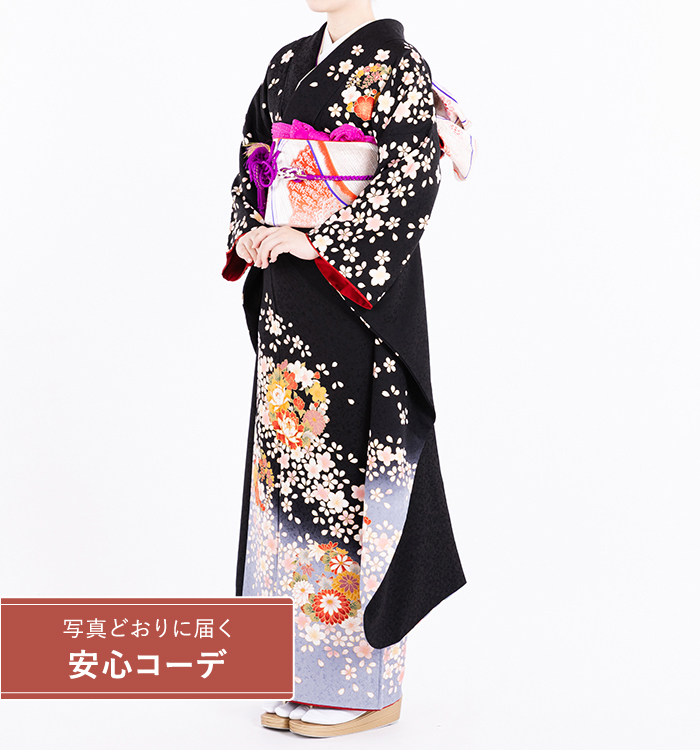 【写真どおりに届く安心コーデ】振袖レンタル　振袖Sサイズ　花輪に桜　黒