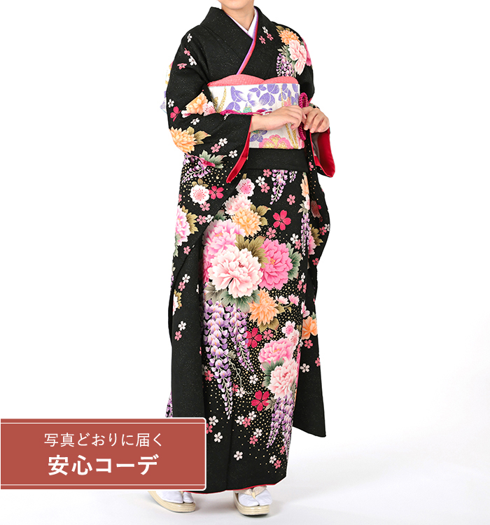 【写真どおりに届く安心コーデ】振袖レンタル　振袖Lサイズ　ブランド：Jun Ami Misako　下り藤に牡丹　黒