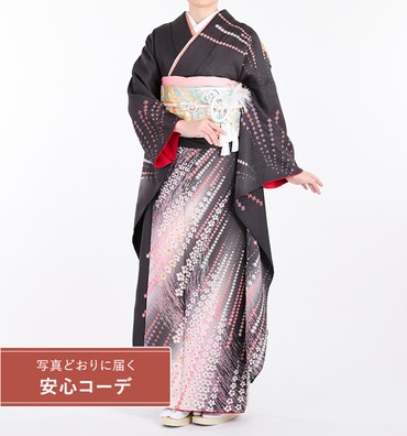 【写真どおりに届く安心コーデ】振袖レンタル　振袖Lサイズ　絞り　おぼろ染め桜彗星　墨色