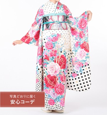 【写真どおりに届く安心コーデ】振袖レンタル　振袖Lサイズ　ブランド：CECIL Mc BEE　水玉に薔薇　白/ピンク