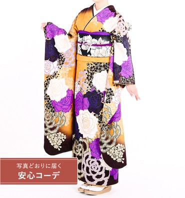 【写真どおりに届く安心コーデ】振袖レンタル　振袖Lサイズ　ブランド：MURUA　金薔薇　ゴールド