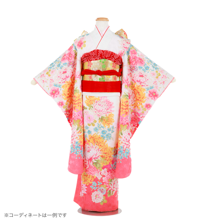 子供きもの　四ツ身帯セット　菊舞　白/ピンク