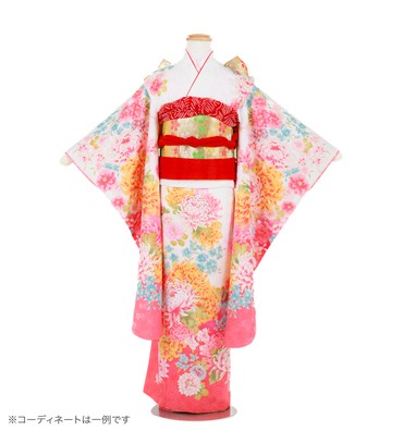 子供きもの　四ツ身帯セット　菊舞　白/ピンク