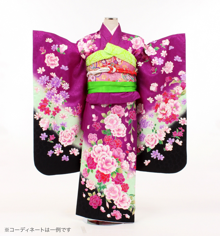 子供きもの　四ツ身帯セット　牡丹と薔薇　紫/黒