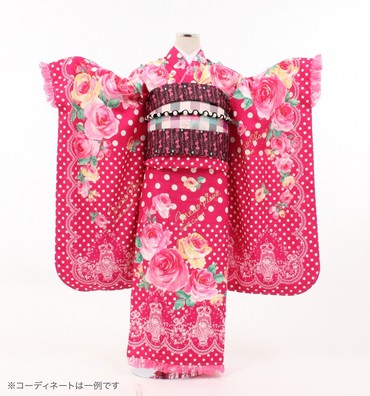 子供きもの　四ツ身帯セット　ファンシー　濃ピンク