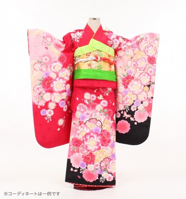 子供きもの　四ツ身帯セット　雪輪に桜　朱赤
